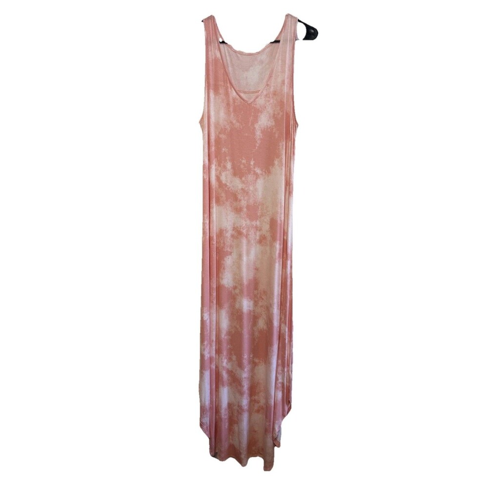 Women Tie Dye Maxi Dress Side Slits Round Hem  Sleeveless V Neck Pullover L